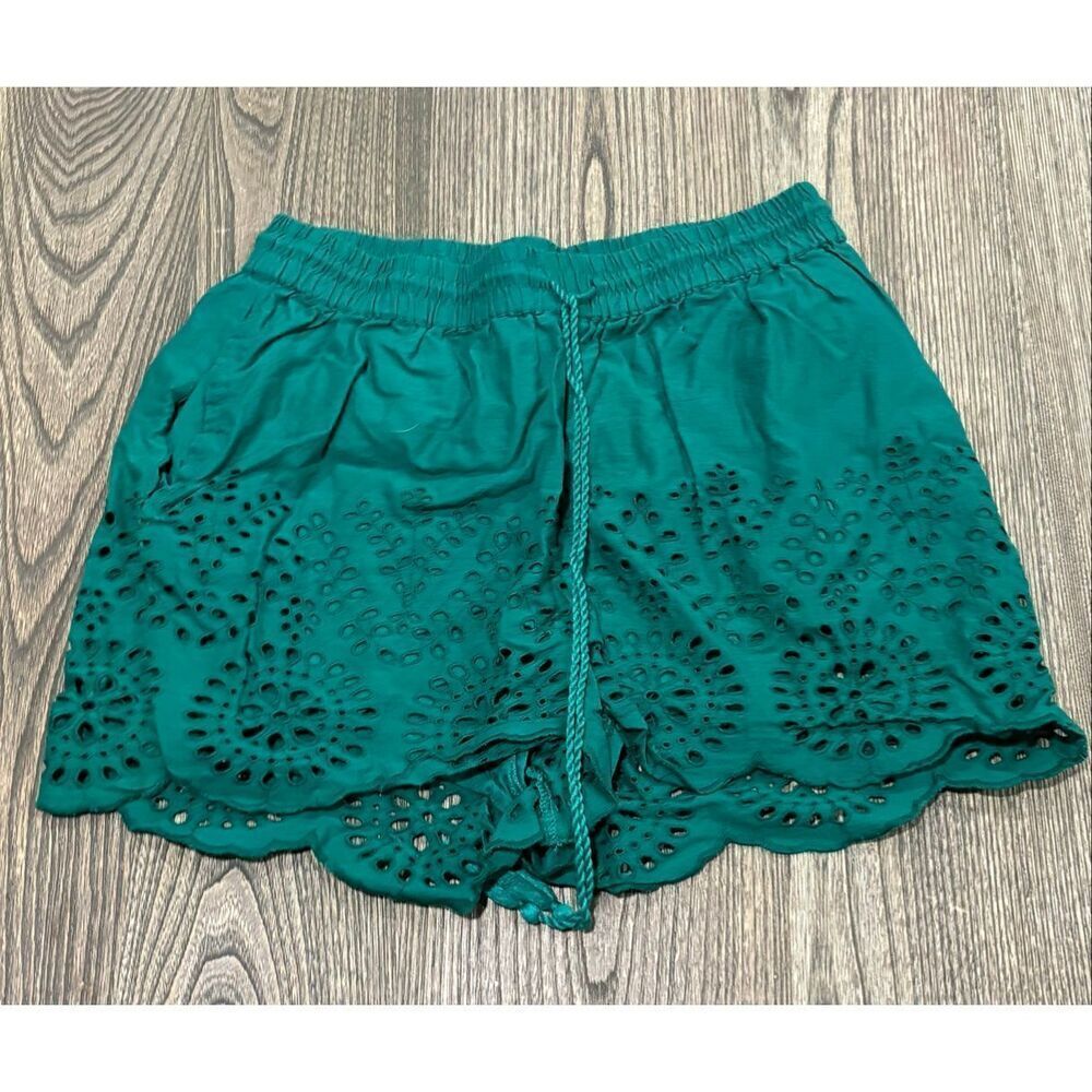 Pimkie Eyelet Lace Shorts Drawstring Elastic Waist Side Pockets Green Size S
